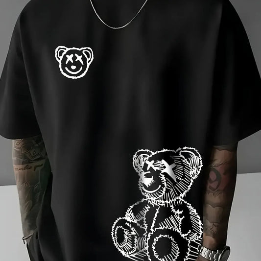 100% pure cotton casual men's summer cartoon bear print casual fashion T-shirt with a round neck and short sleeves