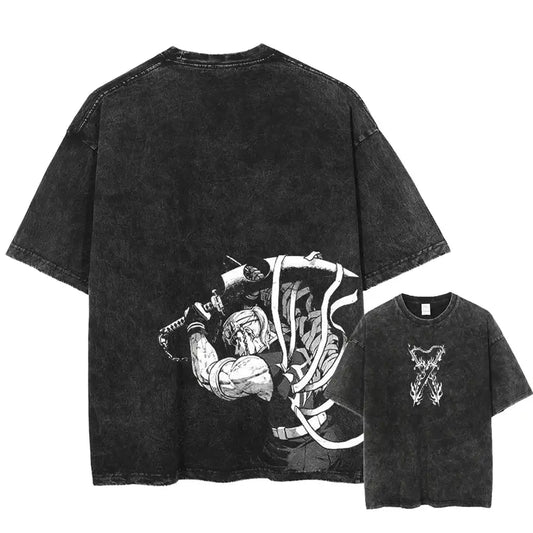 Vintage Washed Tshirts Anime Demon Slayer T Shirt for Men Harajuku Oversize Tee Cotton Fashion Streetwear Unisex Tops