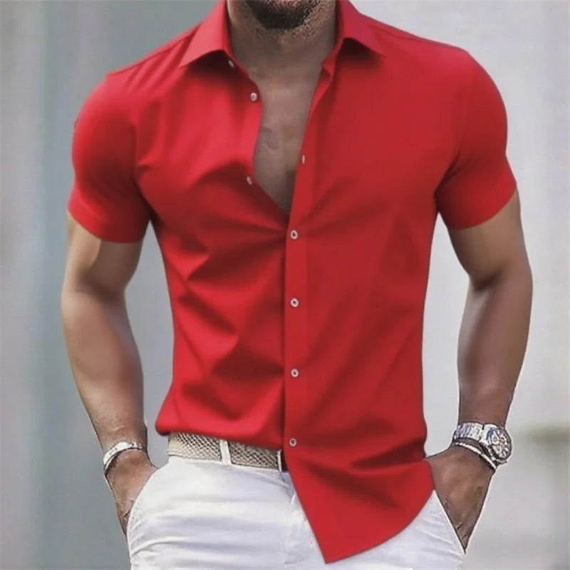 Solid color men's casual shirt, fashionable casual short sleeve stretch fabric, business formal shirt, comfortable fabric