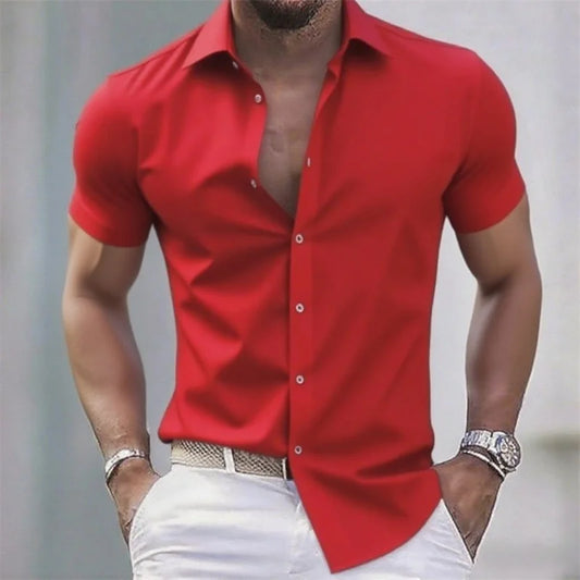 Solid color men's casual shirt, fashionable casual short sleeve stretch fabric, business formal shirt, comfortable fabric