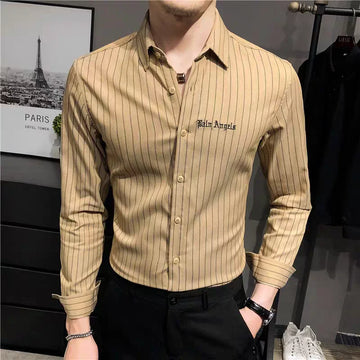 Autumn Men Shirt Korean Style Trendy Slim Striped Long-sleeved Shirt Business Iron-free Casual Inch Shirt