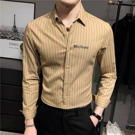 Autumn Men Shirt Korean Style Trendy Slim Striped Long-sleeved Shirt Business Iron-free Casual Inch Shirt