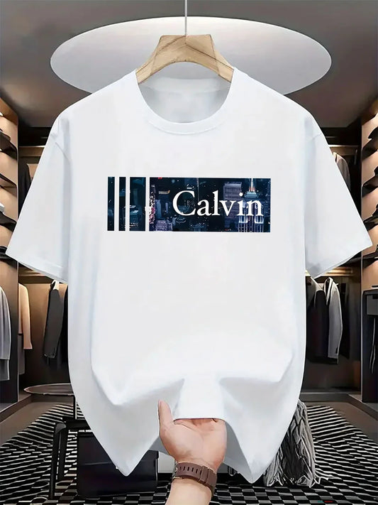 Men's Summer Cotton Fashionable Casual Loose Large Size Letter Pattern Printed Round Neck Short Sleeve T-shirt Top
