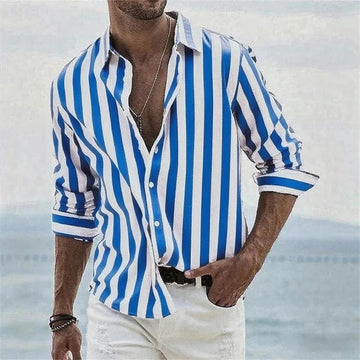 2025 new men's long-sleeved blue striped 3D printed shirt, high-quality luxury social men's wear, fashionable Hawaiian shirt
