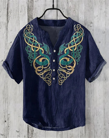 Men's Shirt National Style 3D Printing Viking Men's Fashion Plus Size Button Stand Collar Short Sleeve T-Shirt Men's T-Shirt Top
