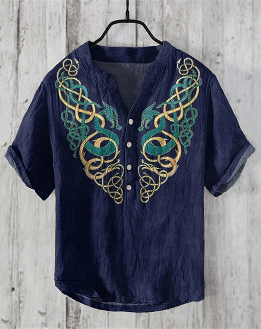Men's Shirt National Style 3D Printing Viking Men's Fashion Plus Size Button Stand Collar Short Sleeve T-Shirt Men's T-Shirt Top
