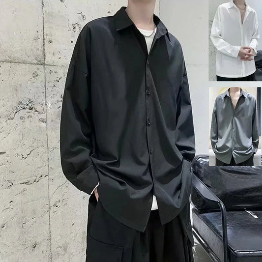 1pcs Spring Autumn Thin Men Long Sleeve Shirt Man Ice Silk Loose Style Shirt Male Fashion Casual Lapel Button-down Shirt Men Top