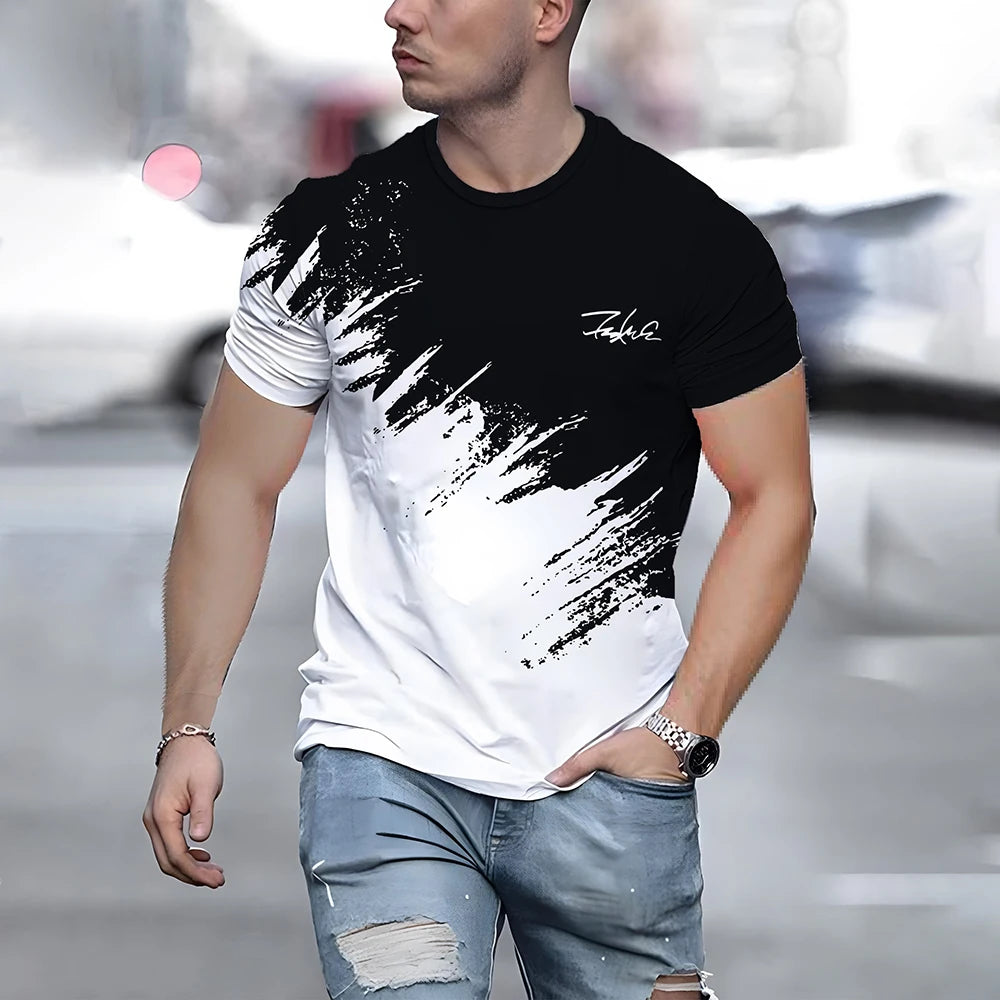 Summer Men's T Shirt Casual Round Neck Loose Tops Fashion Color Contrast Print T Shirt