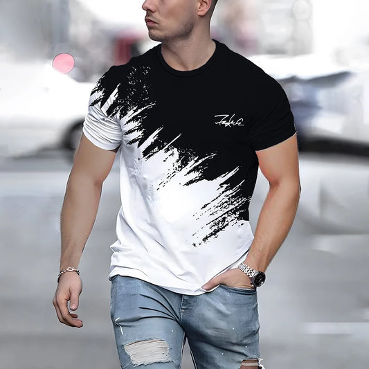Summer Men's T Shirt Casual Round Neck Loose Tops Fashion Color Contrast Print T Shirt