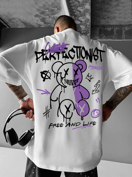 Men's summer 100% cotton cartoon bear letter printed fashionable casual sporty loose street round-neck short-sleeved T-shirt top