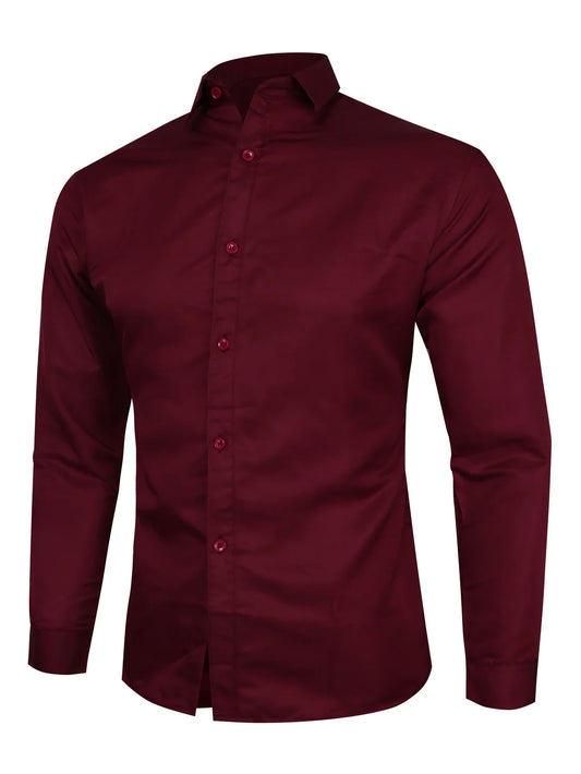 Business shirt wine red solid color basic polyester men's long sleeved shirt men's formal shirt
