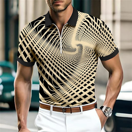 Vertigo Optics 3D Print Men's Zipper Polo Shirts Man Short Sleeve Lapel Button Shirt Street Trend Clothing Oversized Tshirt