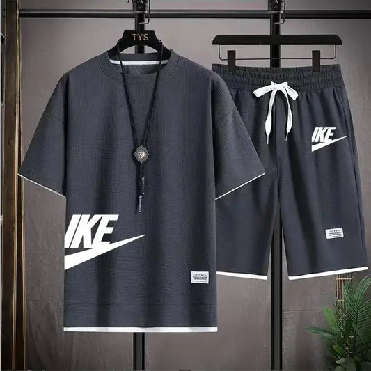 2025 Men's breathable short-sleeved T-shirt + jogging shorts two-piece summer fashion quick-dry fitness leisure sports suit