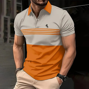 Business Men's Polo Shirt Summer Casual Short Sleeves Top Stripe Pattern Print Button T Shirt Loose Clothes Fashion Polo T Shirt