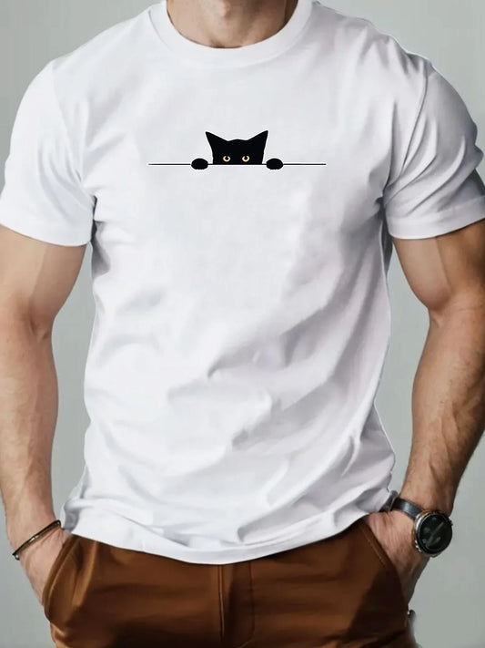 Cat Men T Shirt 100% Cotton Shy Kitten Cartoon Pattern Print Summer Round Neck Shirt